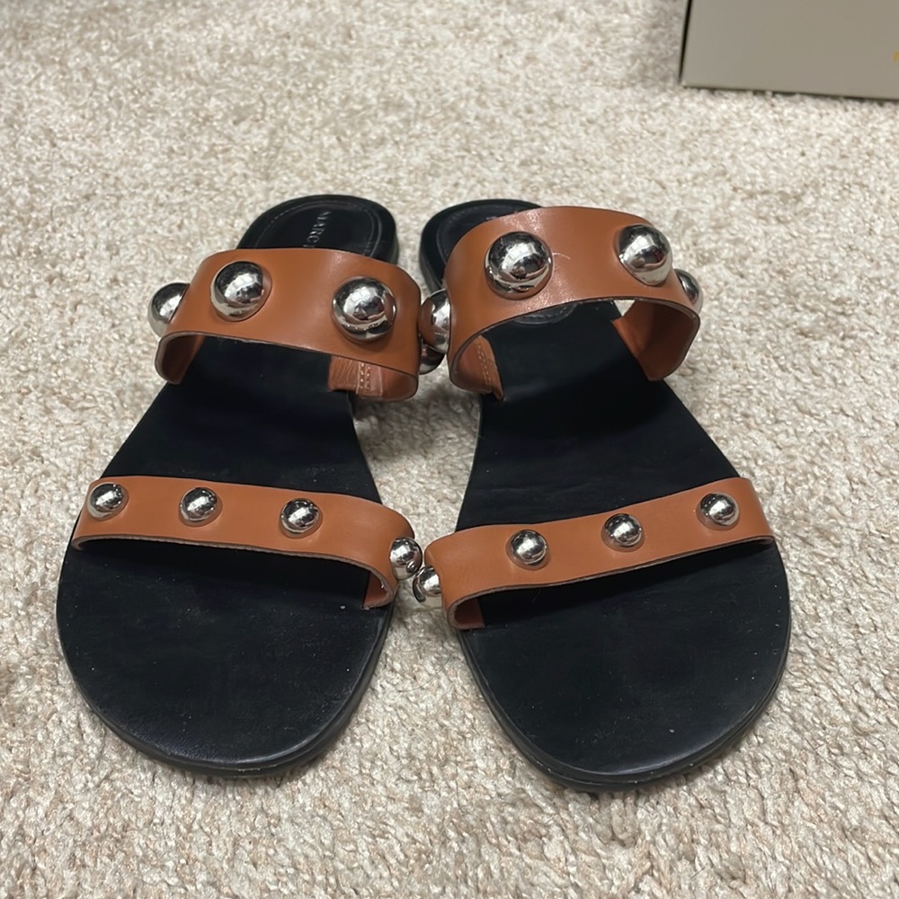 Marc Fisher Barrica Brown sandal with silver stud embellishment.